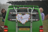 IMG_7326 Marijn and Jenni leaning out van with Just Married sign.JPG